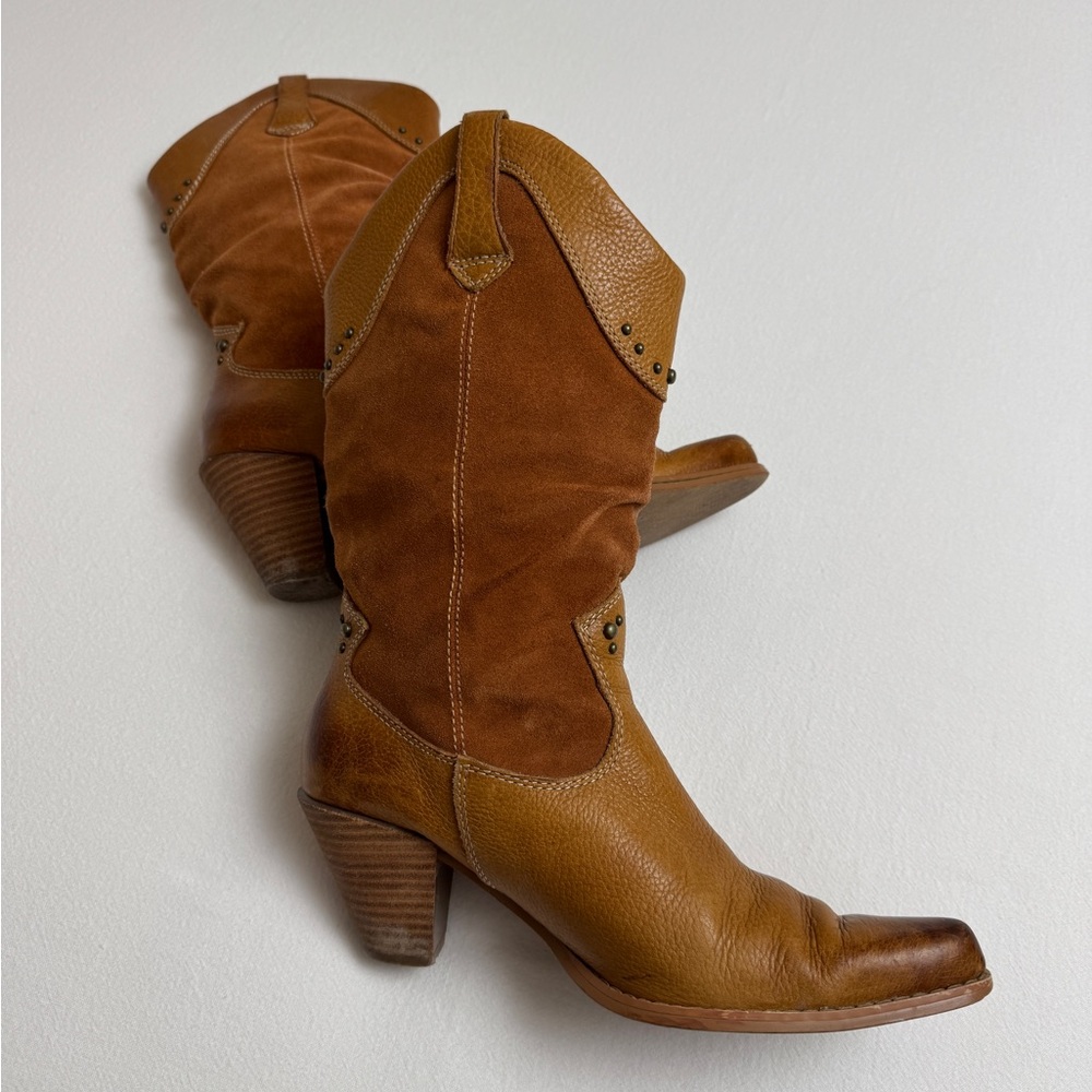 Vintage Y2K Bass Western Brown Leather Studded Boots Size 7.5 - Picture 3 of 14